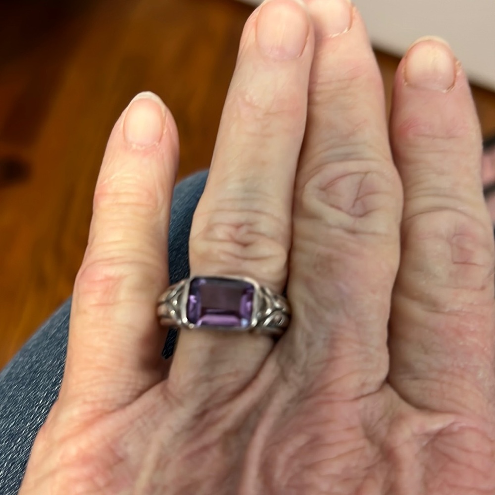 New Sterling Silver purple stone ring, signed by designer FAS, I don’t know size